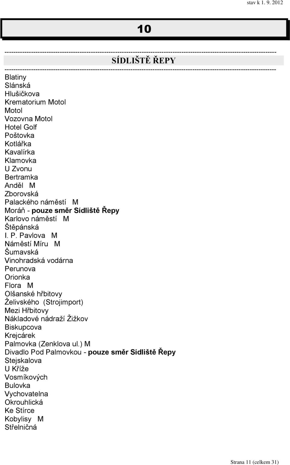 lackého náměstí M Moráň - pouze směr Sídliště Řepy Karlovo náměstí M Štěpánská I. P.