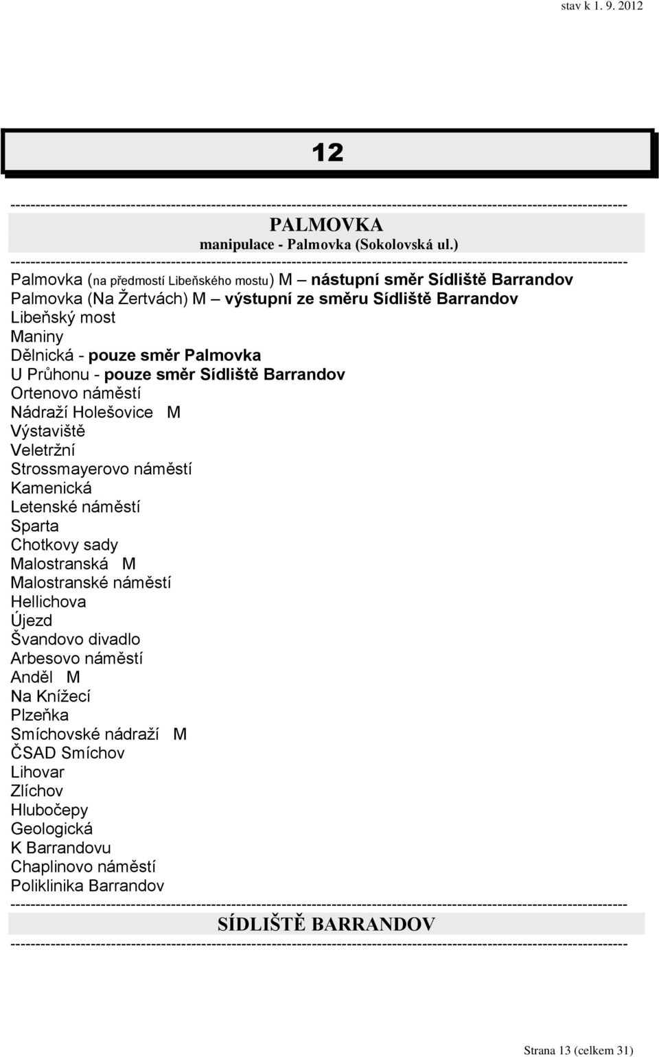 pouze směr Palmovka U Průhonu - pouze směr Sídliště Barrandov Ortenovo náměstí Nádraţí Holešovice M Výstaviště Veletrţní Strossmayerovo náměstí Kamenická Letenské náměstí