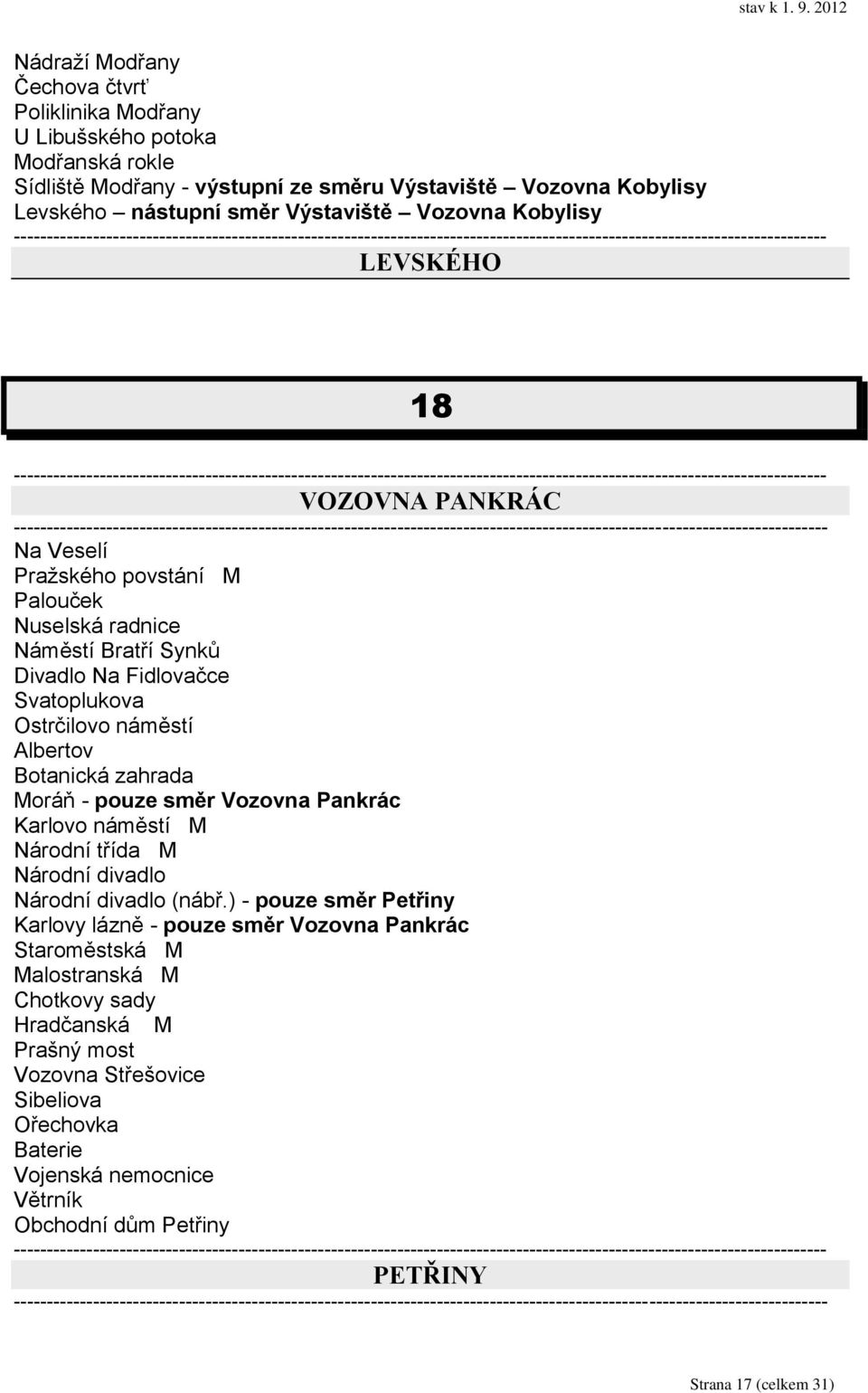 Botanická zahrada Moráň - pouze směr Vozovna Pankrác Karlovo náměstí M Národní třída M Národní divadlo Národní divadlo (nábř.