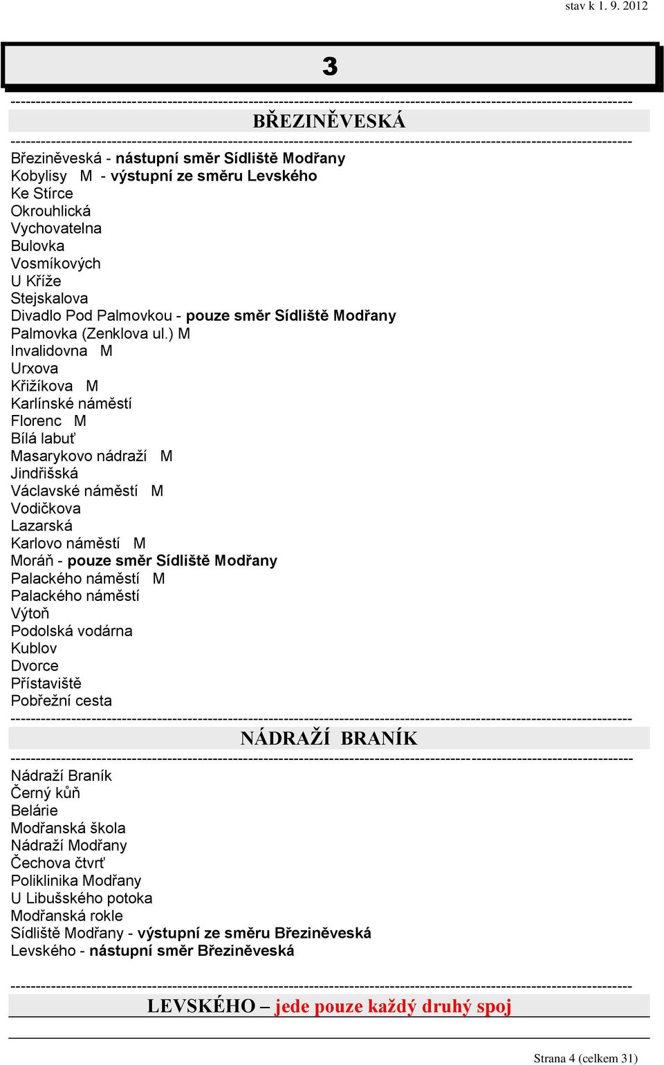 ) M Invalidovna M Urxova Křiţíkova M Karlínské náměstí Florenc M Bílá labuť Masarykovo nádraţí M Jindřišská Václavské náměstí M Vodičkova Lazarská Karlovo náměstí M Moráň - pouze směr Sídliště