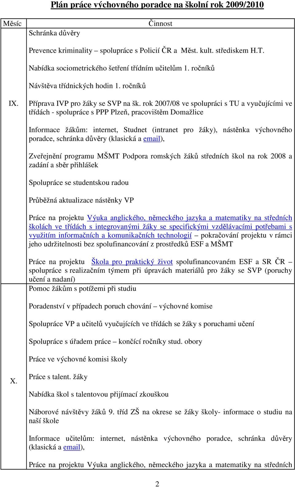 rok 2007/08 ve spolupráci s TU a vyučujícími ve třídách - spolupráce s PPP Plzeň, pracovištěm Domažlice Informace žákům: internet, Studnet (intranet pro žáky), nástěnka výchovného poradce, schránka