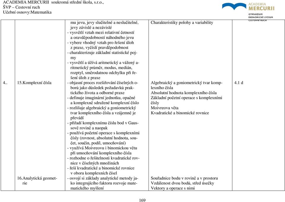 z praxe, vyčíslí pravděpodobnost - charakterizuje základní statistické pojmy - vysvětlí a úžívá aritmetický a vážený a- ritmetický průměr, modus, medián, rozptyl, směrodatnou odchylku při řešení úloh