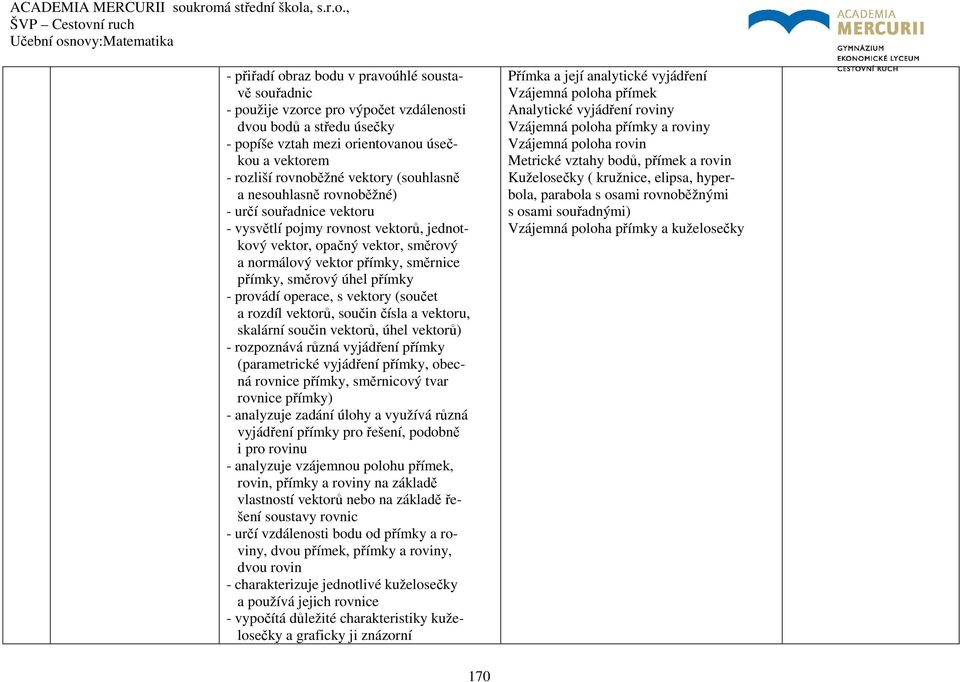 přímky - provádí operace, s vektory (součet a rozdíl vektorů, součin čísla a vektoru, skalární součin vektorů, úhel vektorů) - rozpoznává různá vyjádření přímky (parametrické vyjádření přímky, obecná