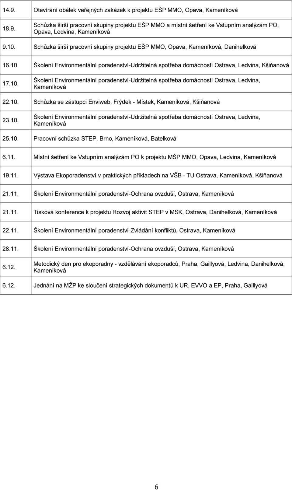 10. Schůzka se zástupci Enviweb, Frýdek - Místek, Kameníková, Kšiňanová 23.10. Školení Environmentální poradenství-udržitelná spotřeba domácností Ostrava, Ledvina, Kameníková 25.10. Pracovní schůzka STEP, Brno, Kameníková, Batelková 6.