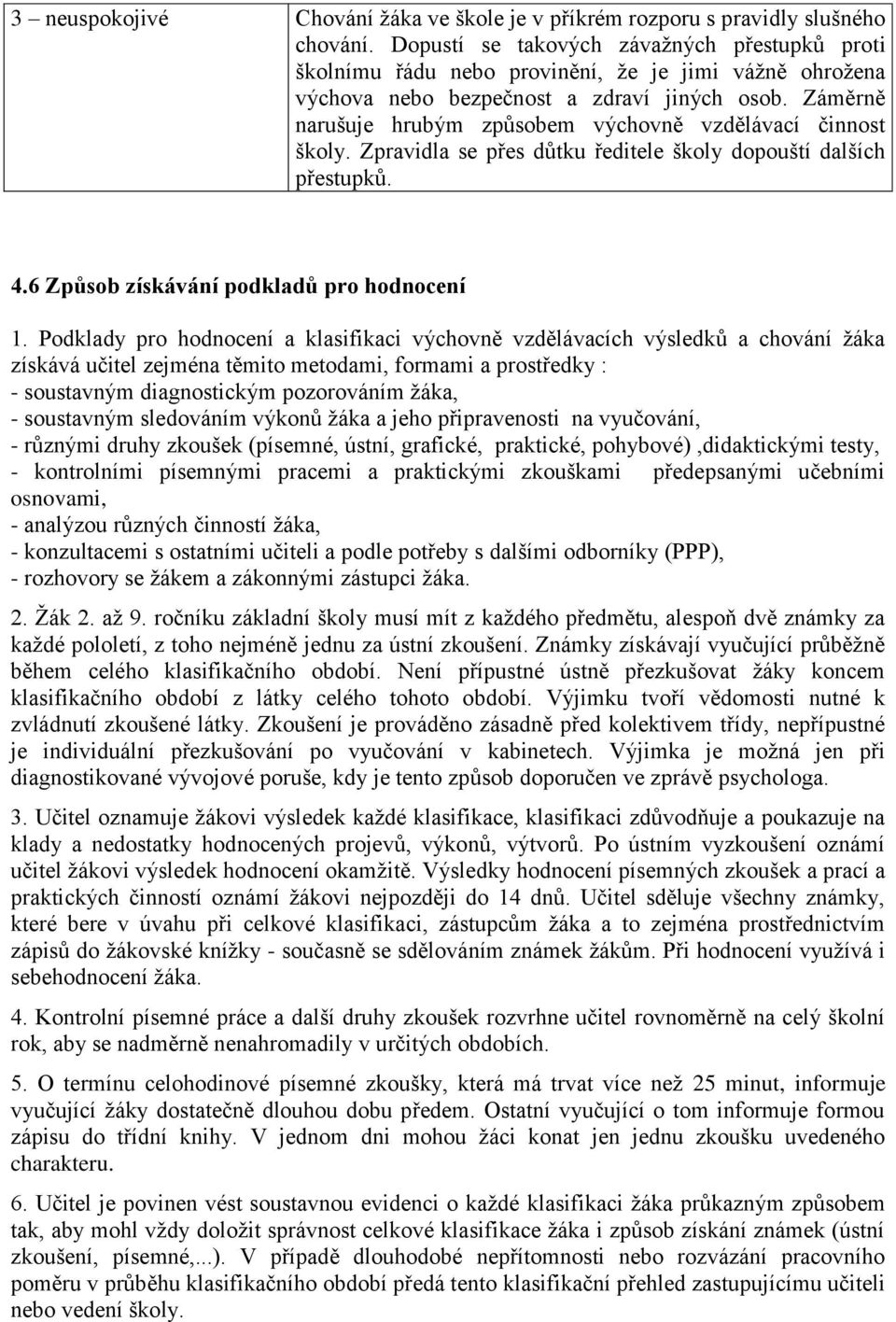 Záměrně narušuje hrubým způsobem výchovně vzdělávací činnost školy. Zpravidla se přes důtku ředitele školy dopouští dalších přestupků. 4.6 Způsob získávání podkladů pro hodnocení 1.