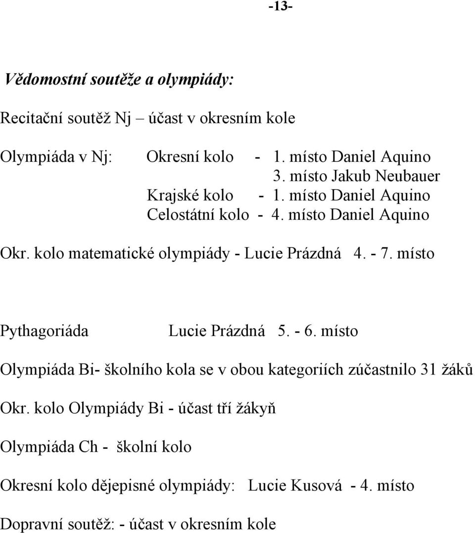 kolo matematické olympiády - Lucie Prázdná 4. - 7. místo Pythagoriáda Lucie Prázdná 5. - 6.