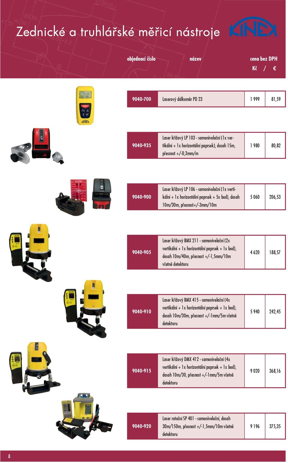 horizontální paprsek + 1x bod), dosah 10m/40m, přesnost +/-1,5mm/10m včetně detektoru 4 620 188,57 9040-910 Laser křížový BMX 415 - samonivelační (4x vertikální + 1x horizontální paprsek + 1x bod),