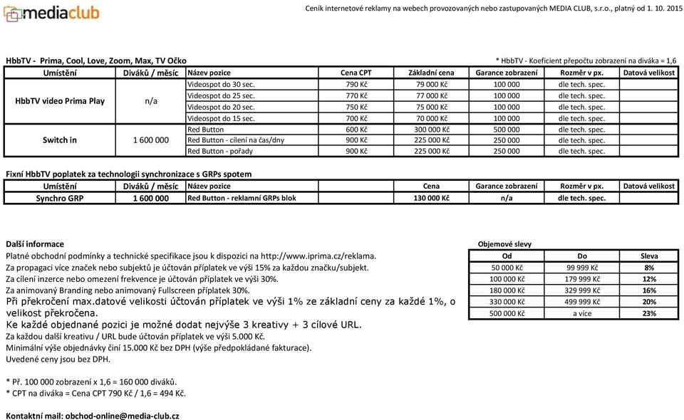 spec. Videospot do 15 sec. 700 Kč 70 000 Kč dle tech. spec. Red Button 600 Kč 300 000 Kč 500 000 dle tech. spec. Switch in 1 600 000 Red Button - cílení na čas/dny 900 Kč 225 000 Kč 250 000 dle tech.