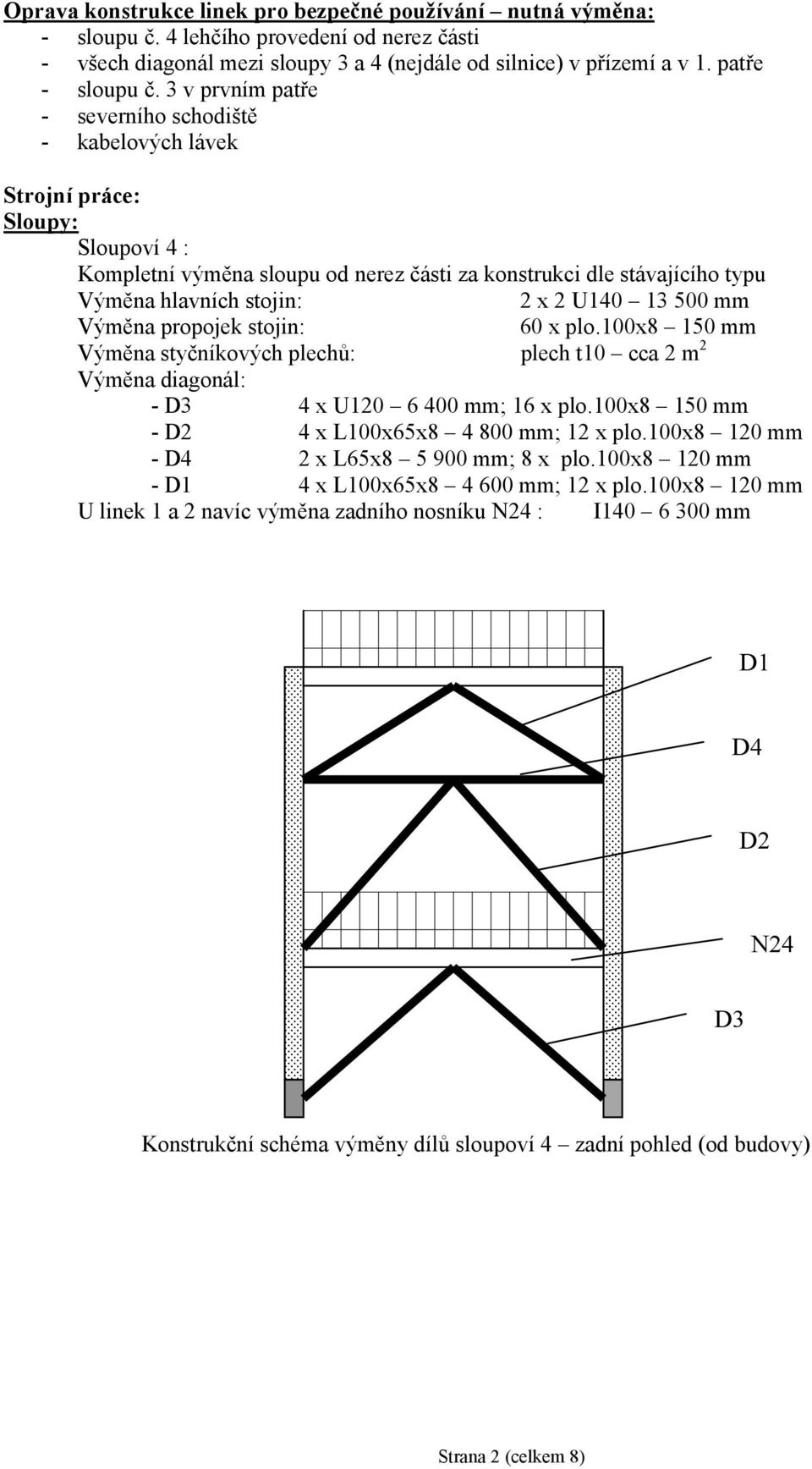 U140 13 500 mm Výměna propojek stojin: 60 x plo.100x8 150 mm Výměna styčníkových plechů: plech t10 cca 2 m 2 Výměna diagonál: - D3 4 x U120 6 400 mm; 16 x plo.