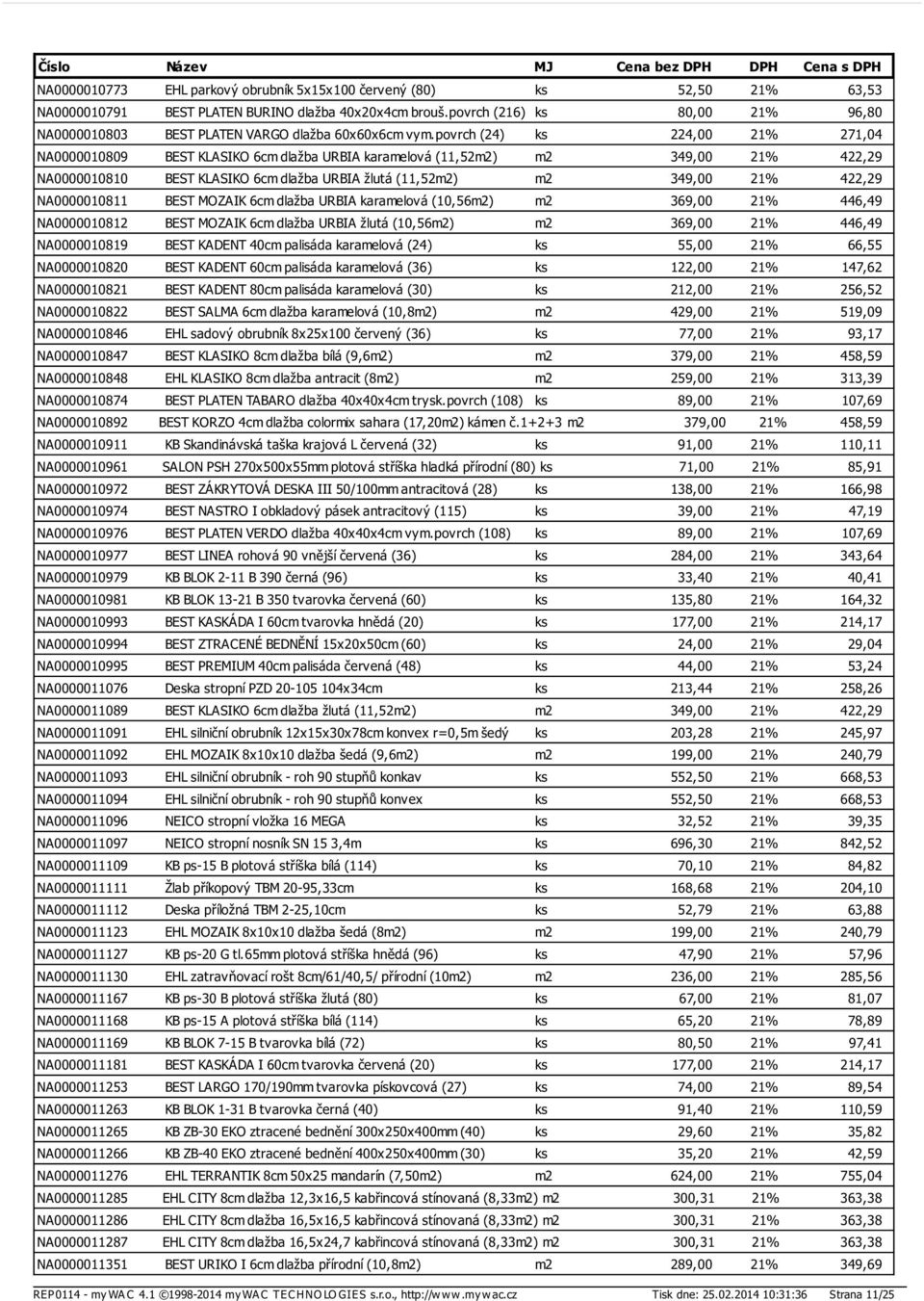 povrch (24) ks 224,00 21% 271,04 NA0000010809 BEST KLASIKO 6cm dlažba URBIA karamelová (11,52m2) m2 349,00 21% 422,29 NA0000010810 BEST KLASIKO 6cm dlažba URBIA žlutá (11,52m2) m2 349,00 21% 422,29