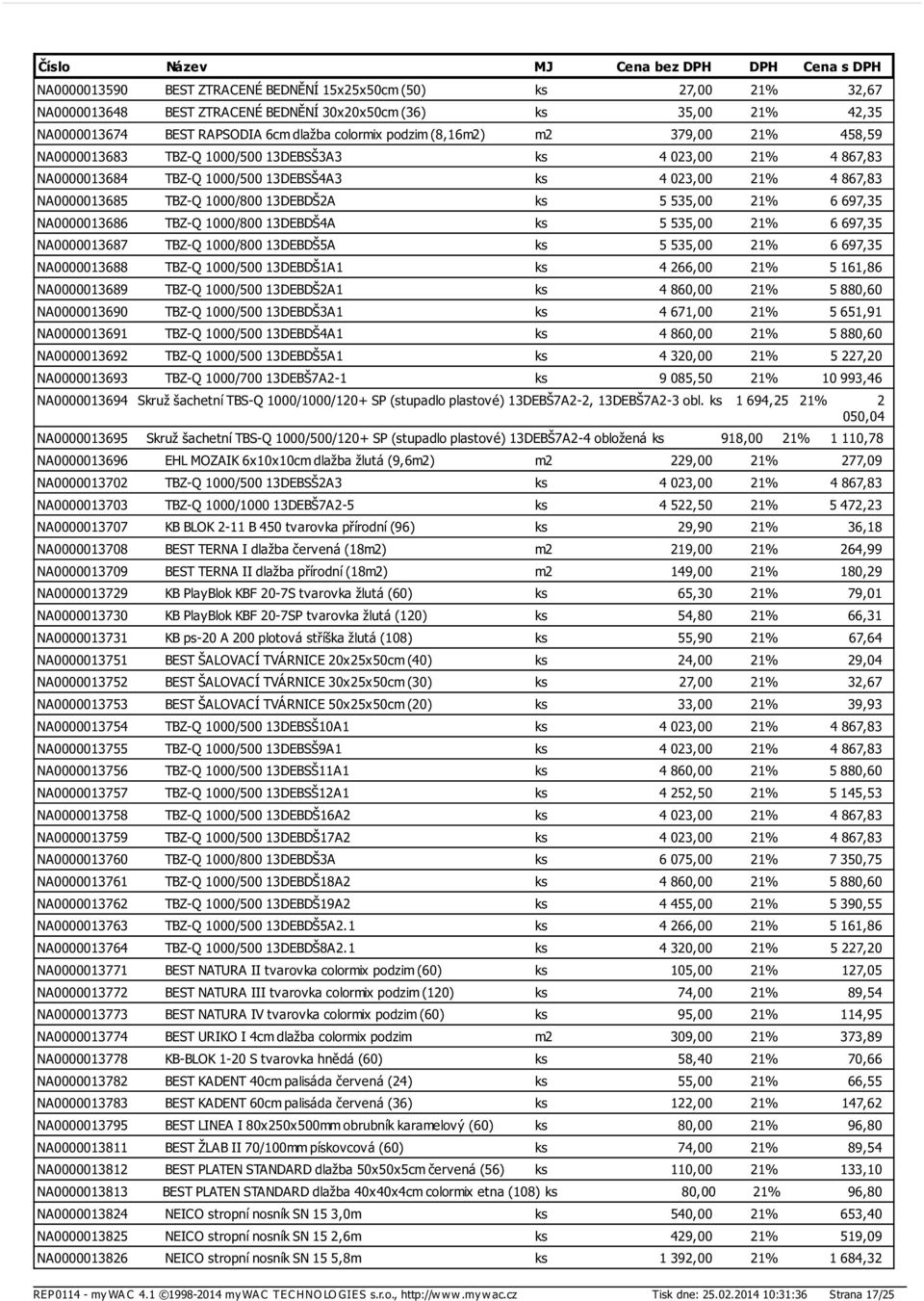 5 535,00 21% 6 697,35 NA0000013686 TBZ-Q 1000/800 13DEBDŠ4A ks 5 535,00 21% 6 697,35 NA0000013687 TBZ-Q 1000/800 13DEBDŠ5A ks 5 535,00 21% 6 697,35 NA0000013688 TBZ-Q 1000/500 13DEBDŠ1A1 ks 4 266,00