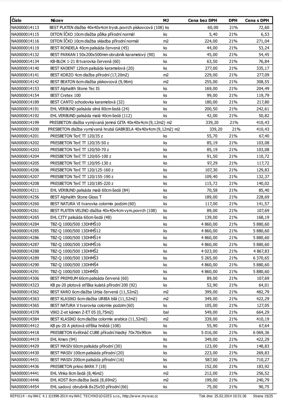 NA0000014119 BEST RONDELA 40cm palisáda červená (45) ks 44,00 21% 53,24 NA0000014132 BEST PARKAN I 50x200x500mm obrubník karamelový (90) ks 45,00 21% 54,45 NA0000014134 KB-BLOK 1-21 B tvarovka