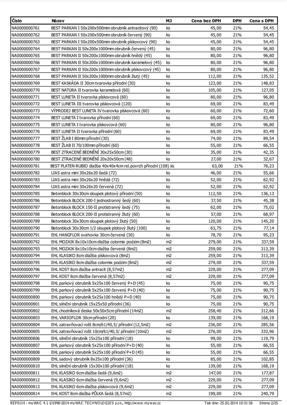 (45) ks 80,00 21% 96,80 NA0000000766 BEST PARKAN II 50x200x1000mm obrubník karamelový (45) ks 80,00 21% 96,80 NA0000000767 BEST PARKAN II 50x200x1000mm obrubník pískovcový (45) ks 80,00 21% 96,80