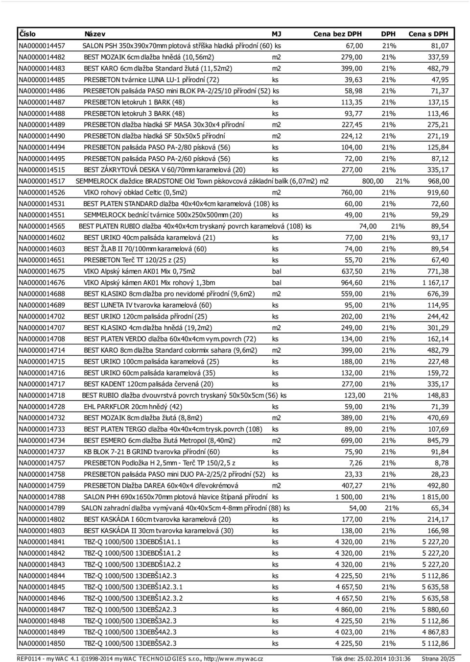 58,98 21% 71,37 NA0000014487 PRESBETON letokruh 1 BARK (48) ks 113,35 21% 137,15 NA0000014488 PRESBETON letokruh 3 BARK (48) ks 93,77 21% 113,46 NA0000014489 PRESBETON dlažba hladká SF MASA 30x30x4