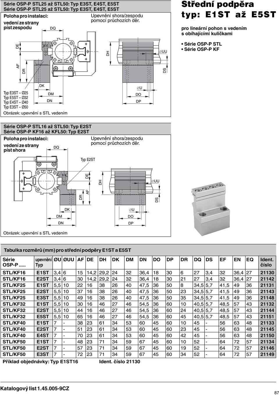 Typ E3ST Ø50 DK DM DN Obrázek: upevnění s STL vedením Série OSP-P STL16 až STL50: Typ E2ST Série OSP-P KF16 až KFL50: Typ E2ST Poloha pro instalaci: vedení ze strany píst shora Typ E2ST Upevnění