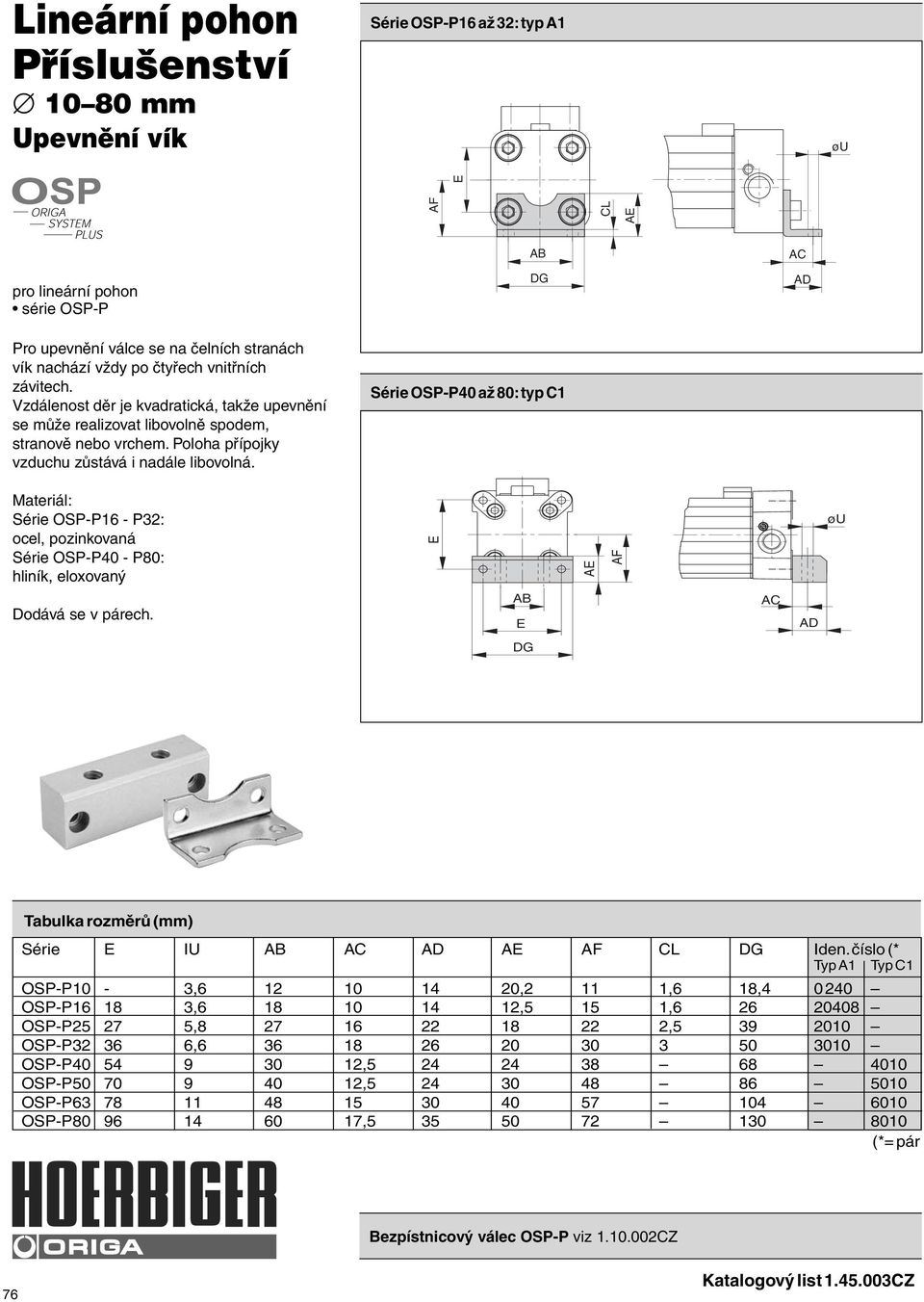 AB DG Série OSP-P40 až 80: typ C1 AC AD Materiál: Série OSP-P16 - P32: ocel, pozinkovaná Série OSP-P40 - P80: hliník, eloxovaný E øu Dodává se v párech. AB E AC AD DG Série E IU AB AC AD CL DG Iden.