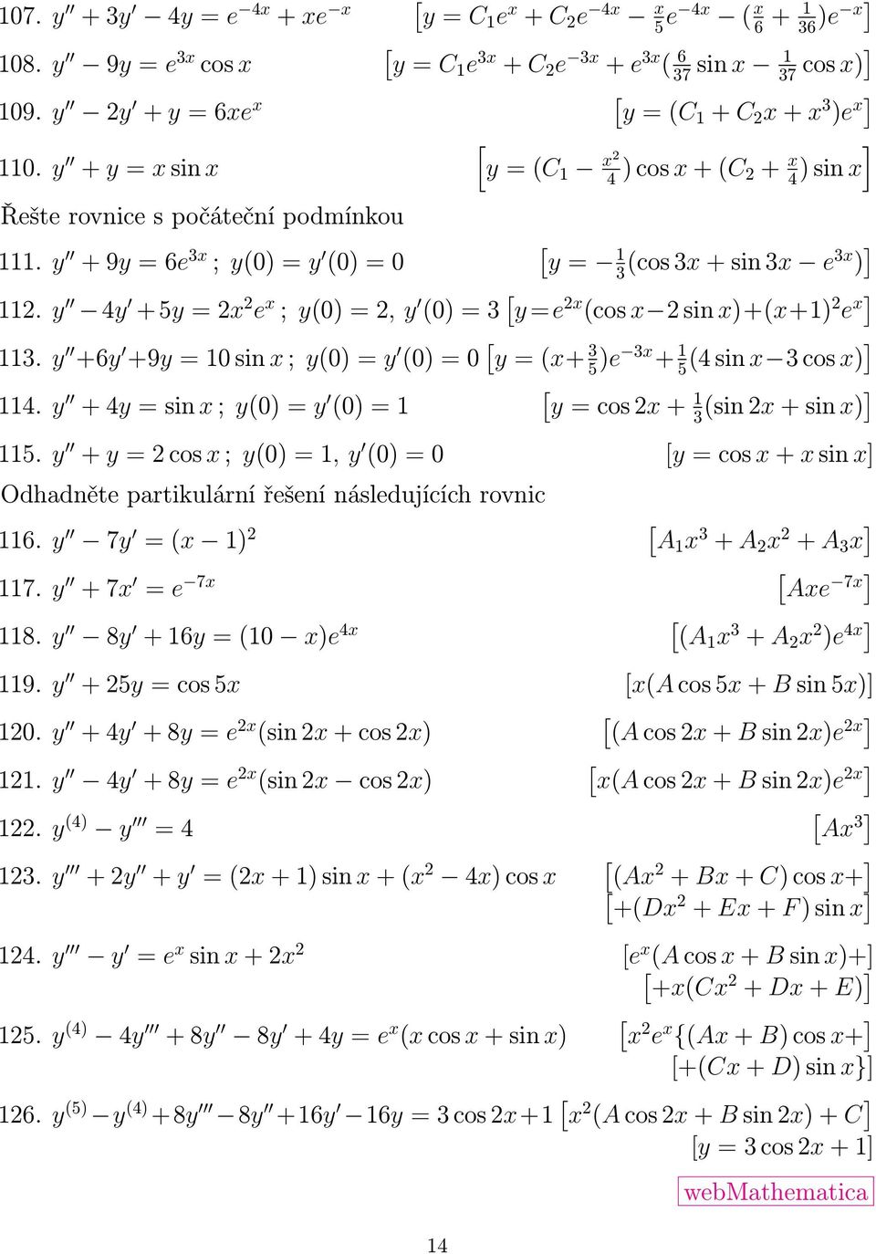 y 4y + 5y = x e x ; y(0) =, y (0) = 3 y =e x (cos x sin x)+(x+) e x 3. y +6y +9y = 0 sin x ; y(0) = y (0) = 0 y = (x+ 3 5 )e 3x + 5 (4 sin x 3 cos x) 4.