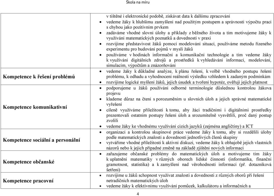 využívání matematických poznatků a dovedností v praxi rozvíjíme představivost žáků pomocí modelování situací, používáme metodu řízeného experimentu pro budování pojmů v mysli žáků používáme v