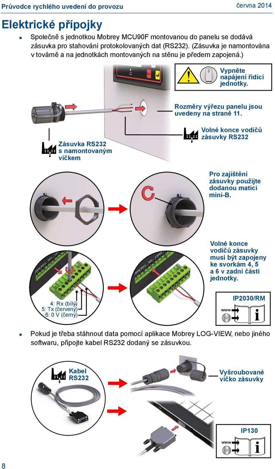 Zásuvka RS232 s namontovaným víčkem Volné konce vodičů zásuvky RS232 Pro zajištění zásuvky použijte dodanou matici mini-b.