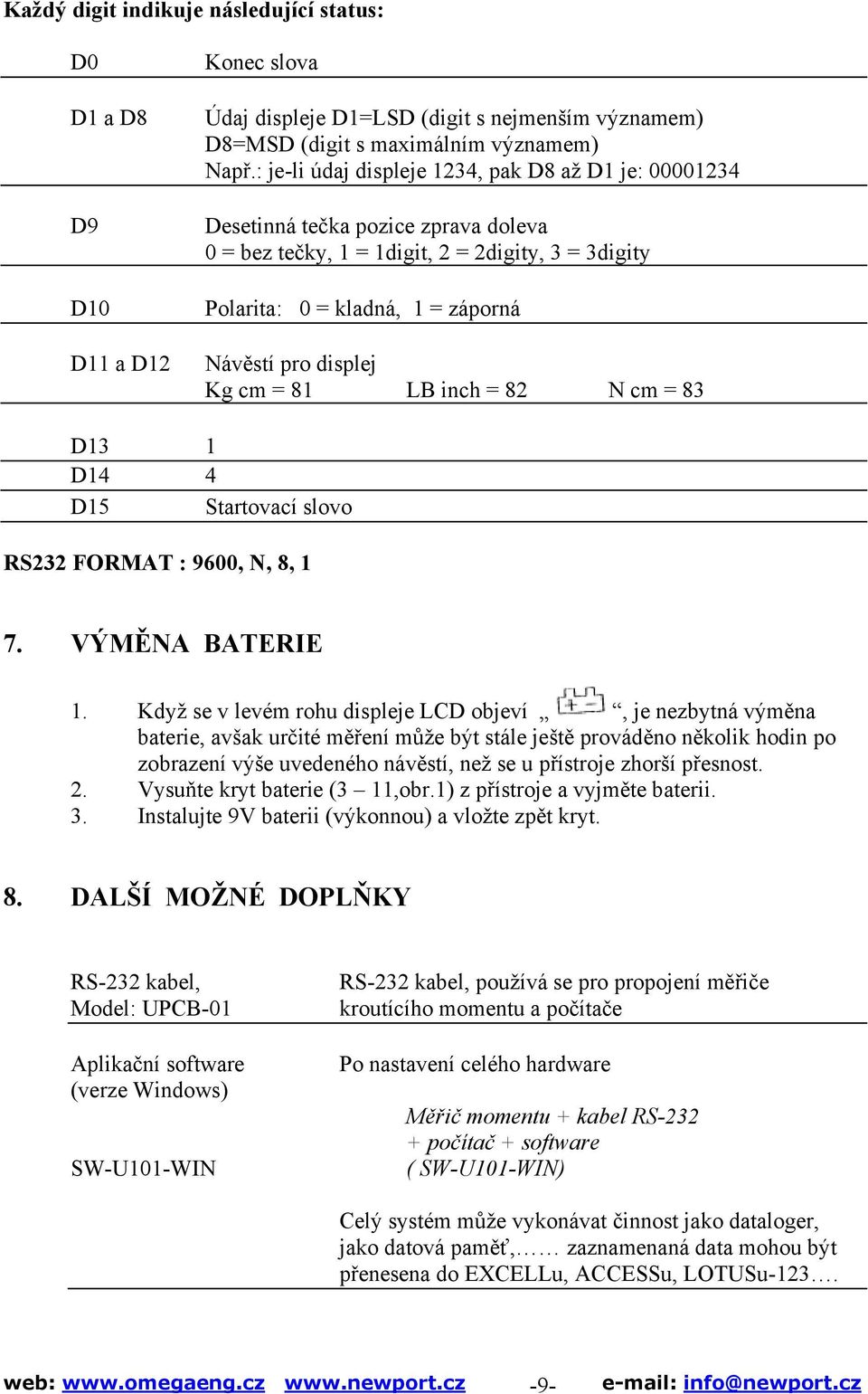 cm = 81 LB inch = 82 N cm = 83 D13 1 D14 4 D15 Startovací slovo RS232 FORMAT : 9600, N, 8, 1 7. VÝMĚNA BATERIE 1.