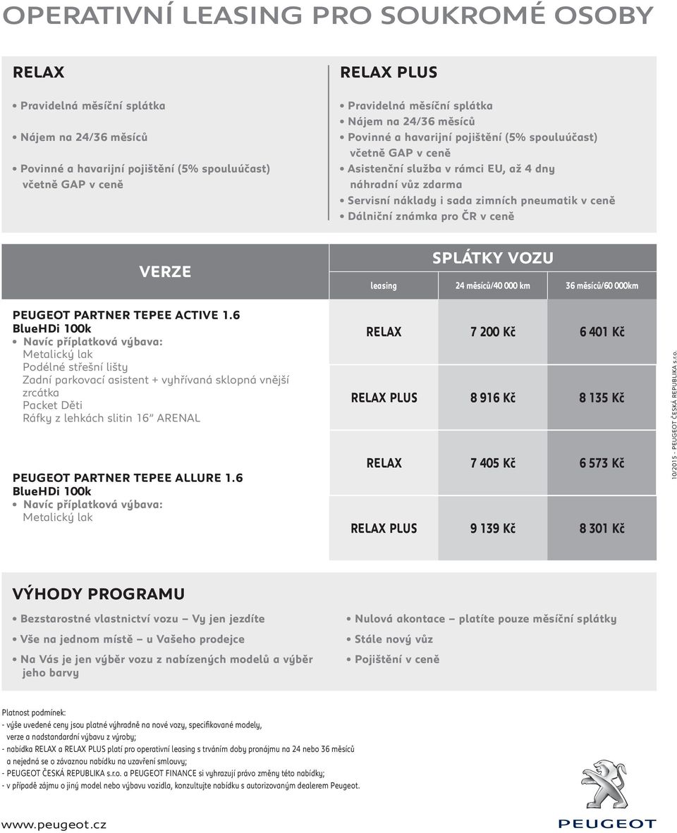 Dálniční známka pro ČR v ceně VERZE SPLÁTKY VOZU leasing 24 měsíců/40 000 km 36 měsíců/60 000km PEUGEOT PARTNER TEPEE ACTIVE 1.