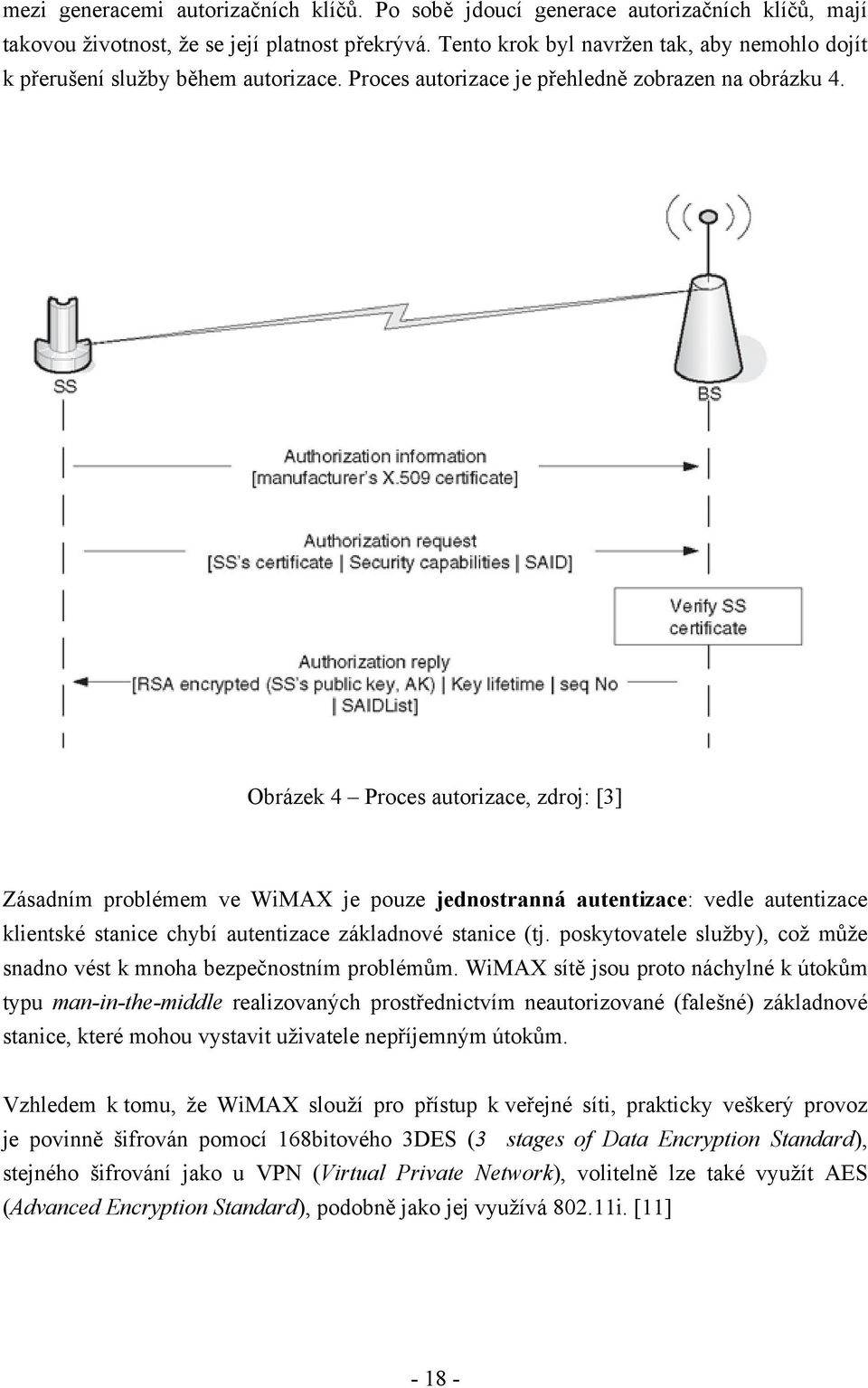 Obrázek 4 Proces autorizace, zdroj: [3] Zásadním problémem ve WiMAX je pouze jednostranná autentizace: vedle autentizace klientské stanice chybí autentizace základnové stanice (tj.