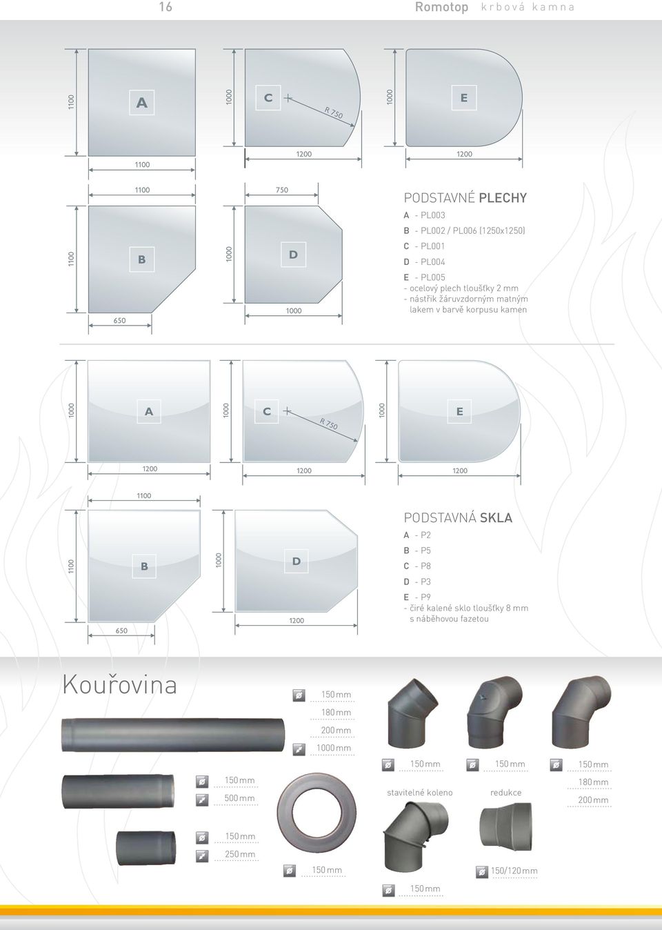 kamen PODSTAVNÁ SKLA A - P2 B - P5 C - P8 D - P3 E - P9 - čiré kalené sklo tloušťky 8 mm s