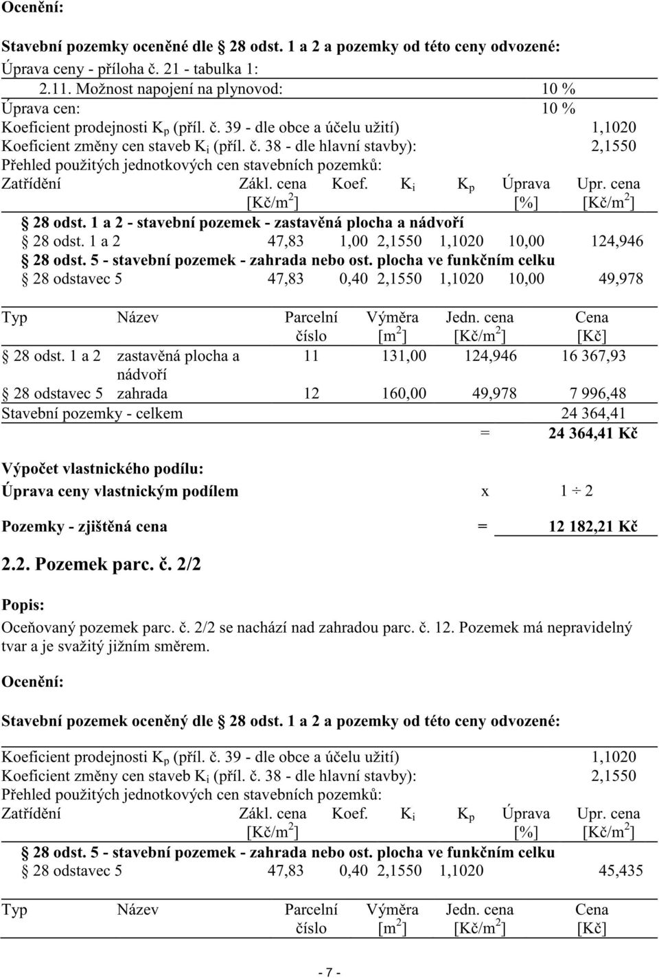 . 38 - dle hlavní stavby): 2,1550 P ehled použitých jednotkových cen stavebních pozemk : Zat íd ní Zákl. cena Koef. K i K p Úprava [%] Upr. cena 28 odst.