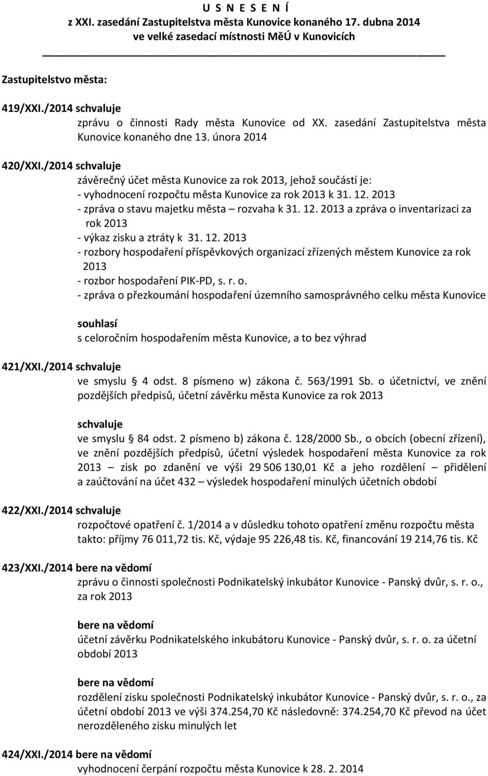 /2014 závěrečný účet města Kunovice za rok 2013, jehož součástí je: - vyhodnocení rozpočtu města Kunovice za rok 2013 k 31. 12. 2013 - zpráva o stavu majetku města rozvaha k 31. 12. 2013 a zpráva o inventarizaci za rok 2013 - výkaz zisku a ztráty k 31.