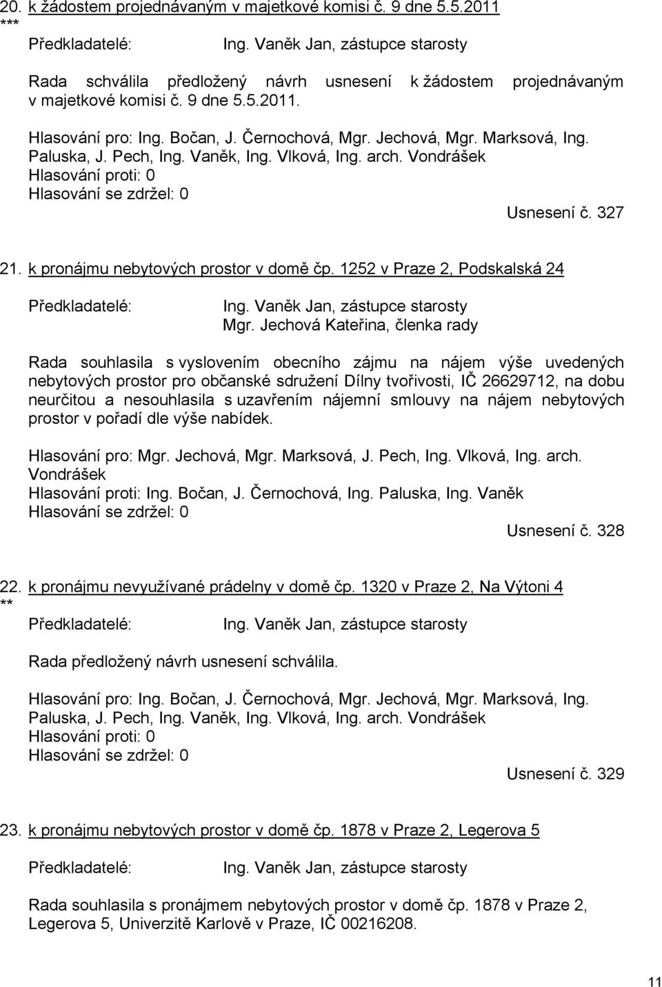 Marksová, Ing. Paluska, J. Pech, Ing. Vaněk, Ing. Vlková, Ing. arch. Vondrášek Hlasování proti: 0 Hlasování se zdržel: 0 Usnesení č. 327 21. k pronájmu nebytových prostor v domě čp.