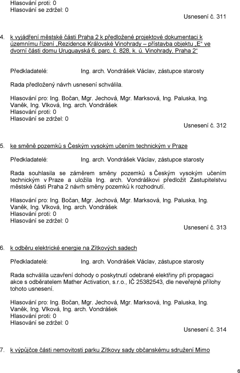 arch. Vondrášek Václav, zástupce starosty Rada předložený návrh usnesení schválila. Hlasování pro: Ing. Bočan, Mgr. Jechová, Mgr. Marksová, Ing. Paluska, Ing. Vaněk, Ing. Vlková, Ing. arch.