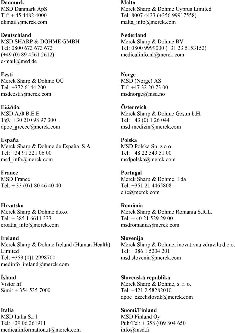 Tel: +34 91 321 06 00 msd_info@merck.com France MSD France Tél: + 33 (0)1 80 46 40 40 Hrvatska Merck Sharp & Dohme d.o.o. Tel: + 385 1 6611 333 croatia_info@merck.