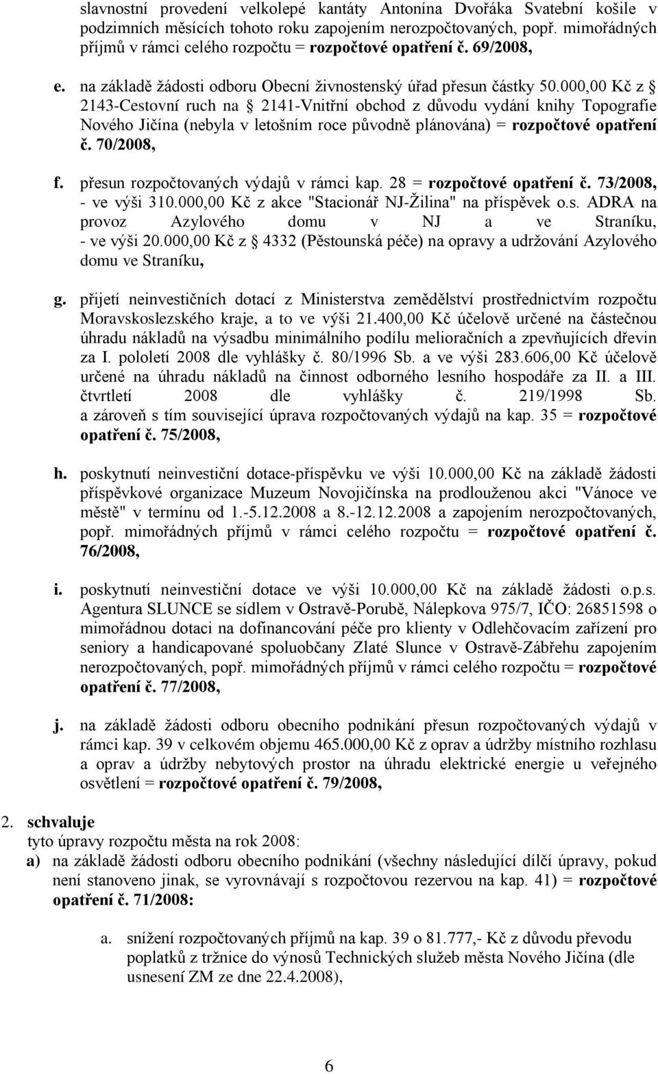 000,00 Kč z 2143-Cestovní ruch na 2141-Vnitřní obchod z důvodu vydání knihy Topografie Nového Jičína (nebyla v letošním roce původně plánována) = rozpočtové opatření č. 70/2008, f.