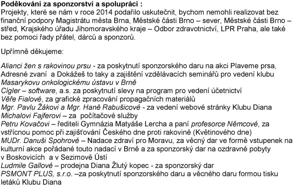 Upřímně děkujeme: Alianci žen s rakovinou prsu - za poskytnutí sponzorského daru na akci Plaveme prsa, Adresné zvaní a Dokážeš to taky a zajištění vzdělávacích seminářů pro vedení klubu Masarykovu