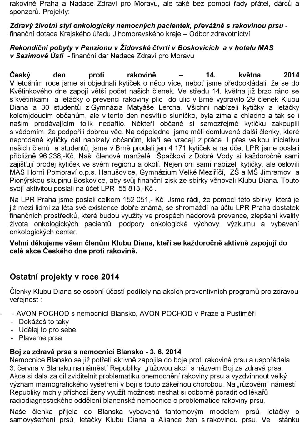 Židovské čtvrti v Boskovicích a v hotelu MAS v Sezimově Ústí - finanční dar Nadace Zdraví pro Moravu Český den proti rakovině 14.