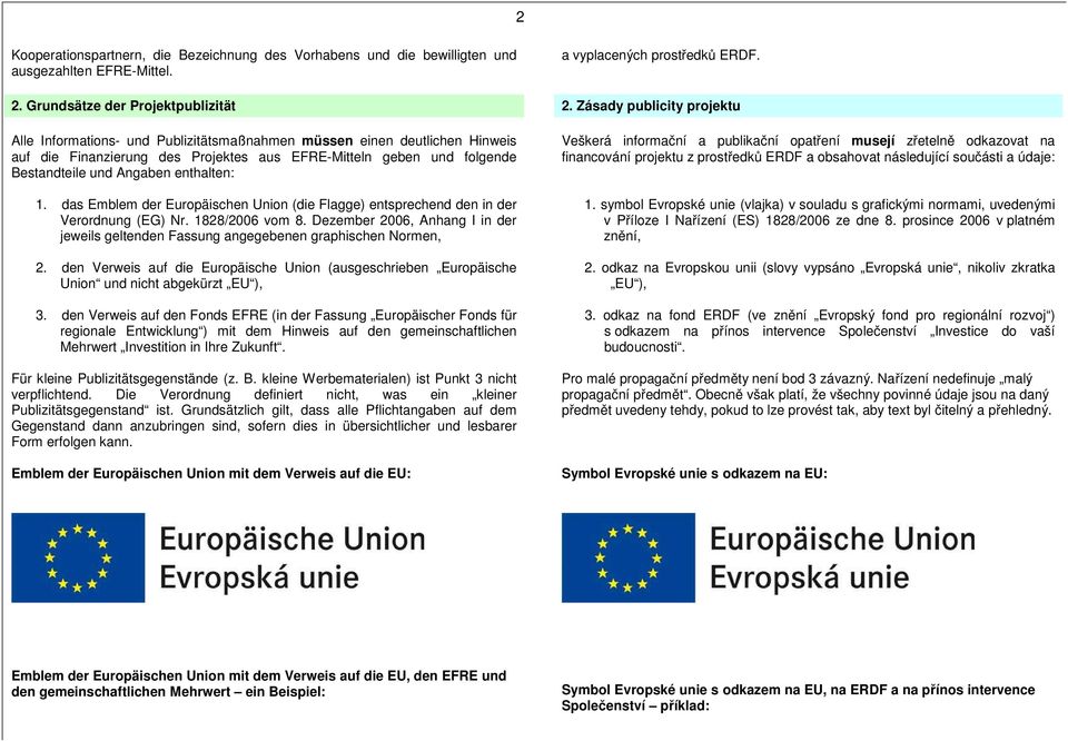 enthalten: 1. das Emblem der Europäischen Union (die Flagge) entsprechend den in der Verordnung (EG) Nr. 1828/2006 vom 8.