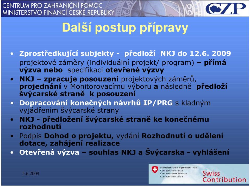 záměrů, projednání v Monitorovacímu výboru a následně předloží švýcarské straně k posouzení Dopracování konečných návrhů IP/PRG s kladným