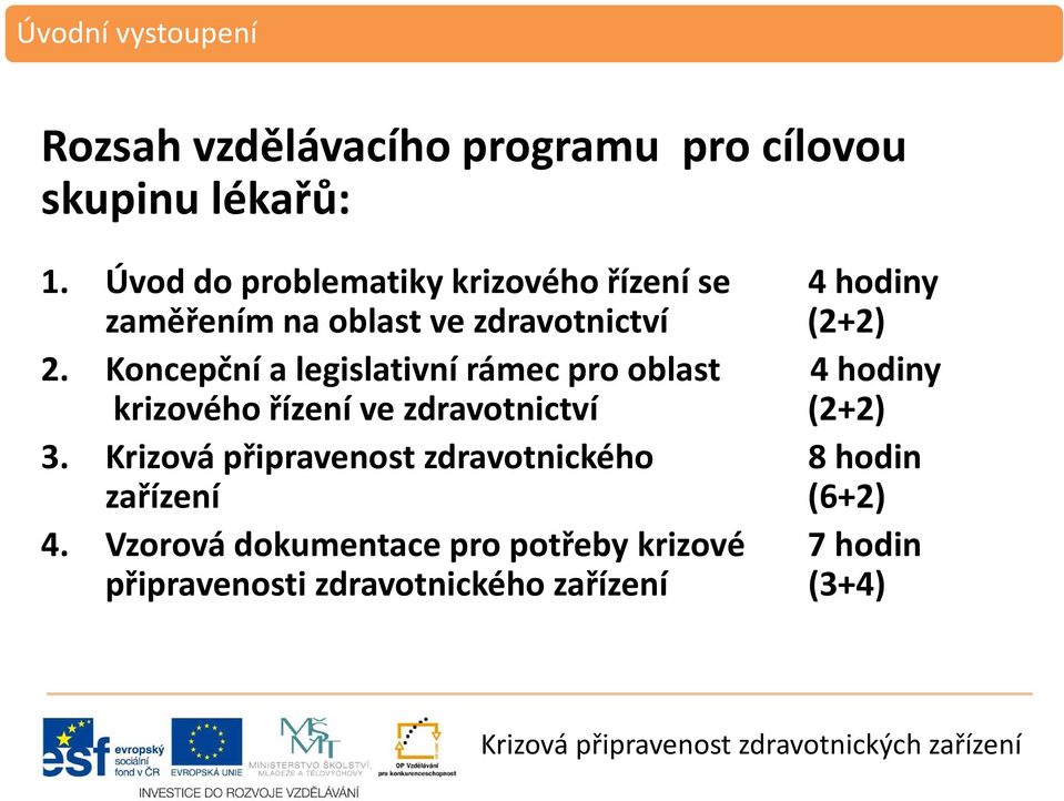 Koncepční a legislativní rámec pro oblast 4 hodiny krizového řízení ve zdravotnictví (2+2) 3.