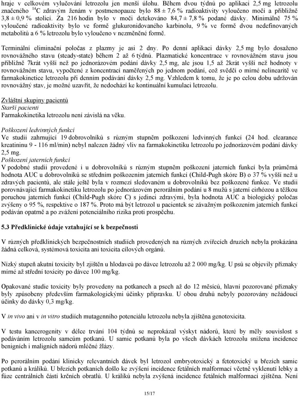 Za 216 hodin bylo v moči detekováno 84,7 ± 7,8 % podané dávky.