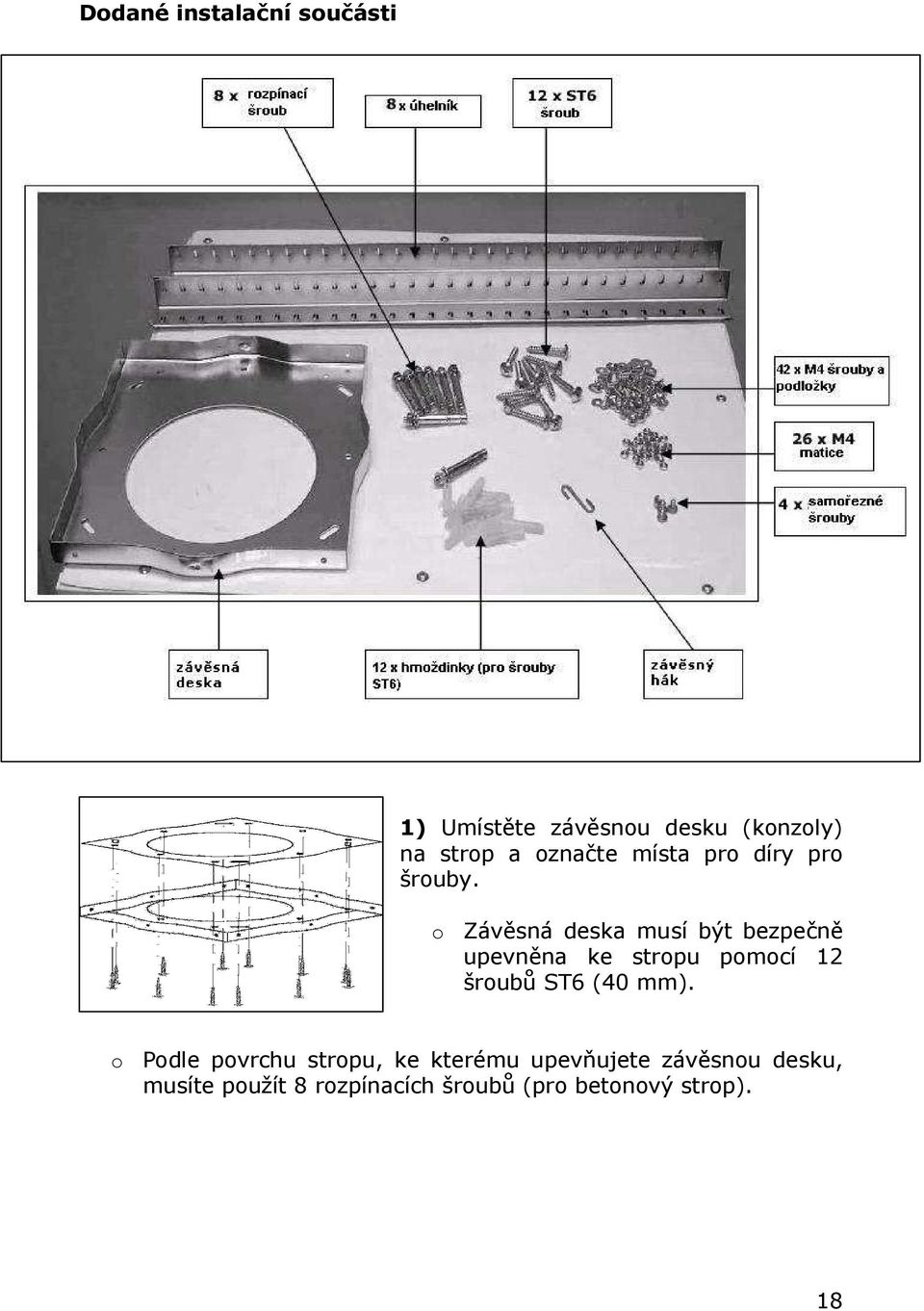 o Závěsná deska musí být bezpečně upevněna ke stropu pomocí 12 šroubů ST6 (40