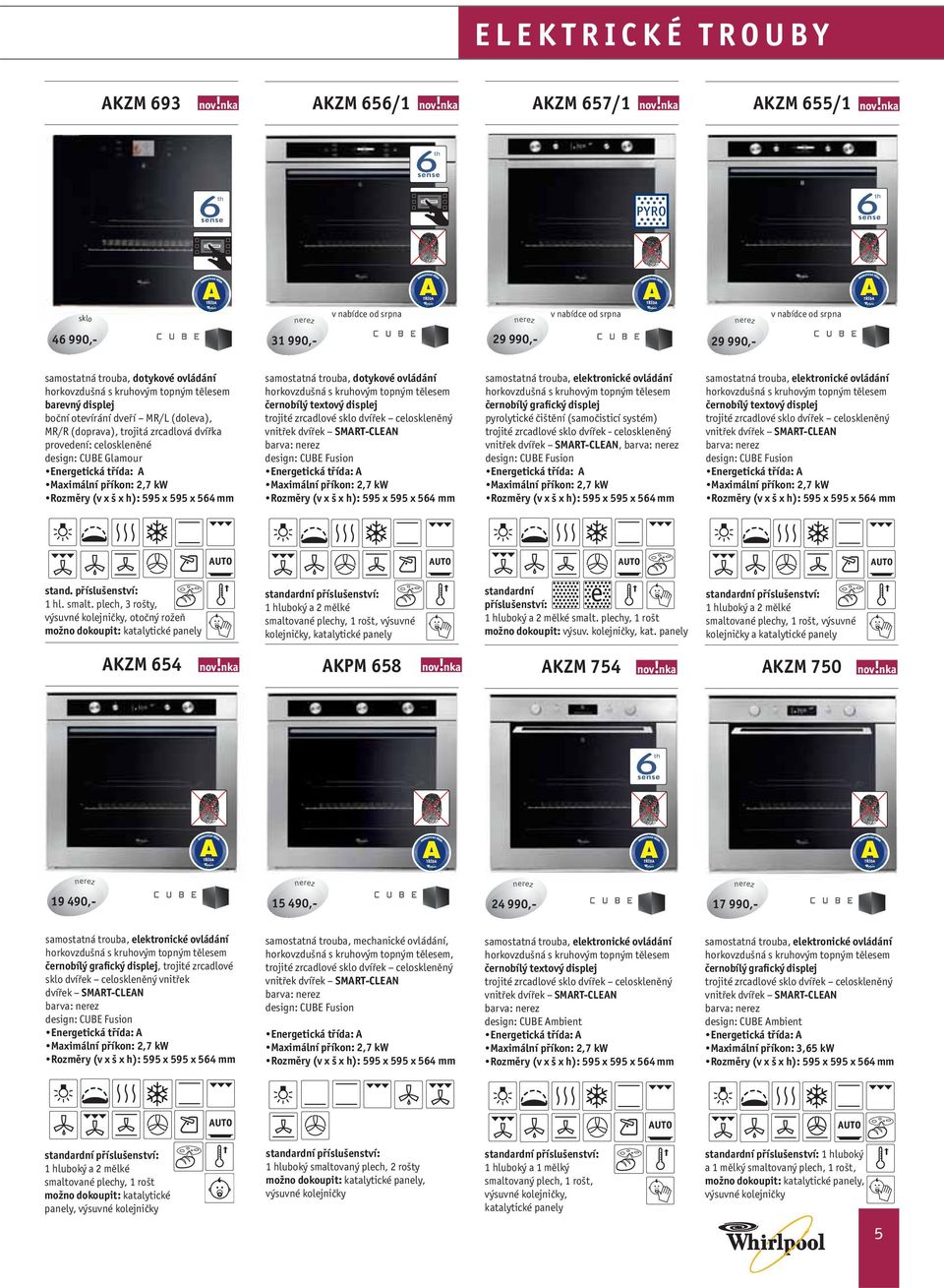 Maximální příkon: 2,7 kw Rozměry (v x š x h): 595 x 595 x 564 mm samostatná trouba, dotykové ovládání horkovzdušná s kruhovým topným tělesem černobílý textový displej trojité zrcadlové sklo dvířek