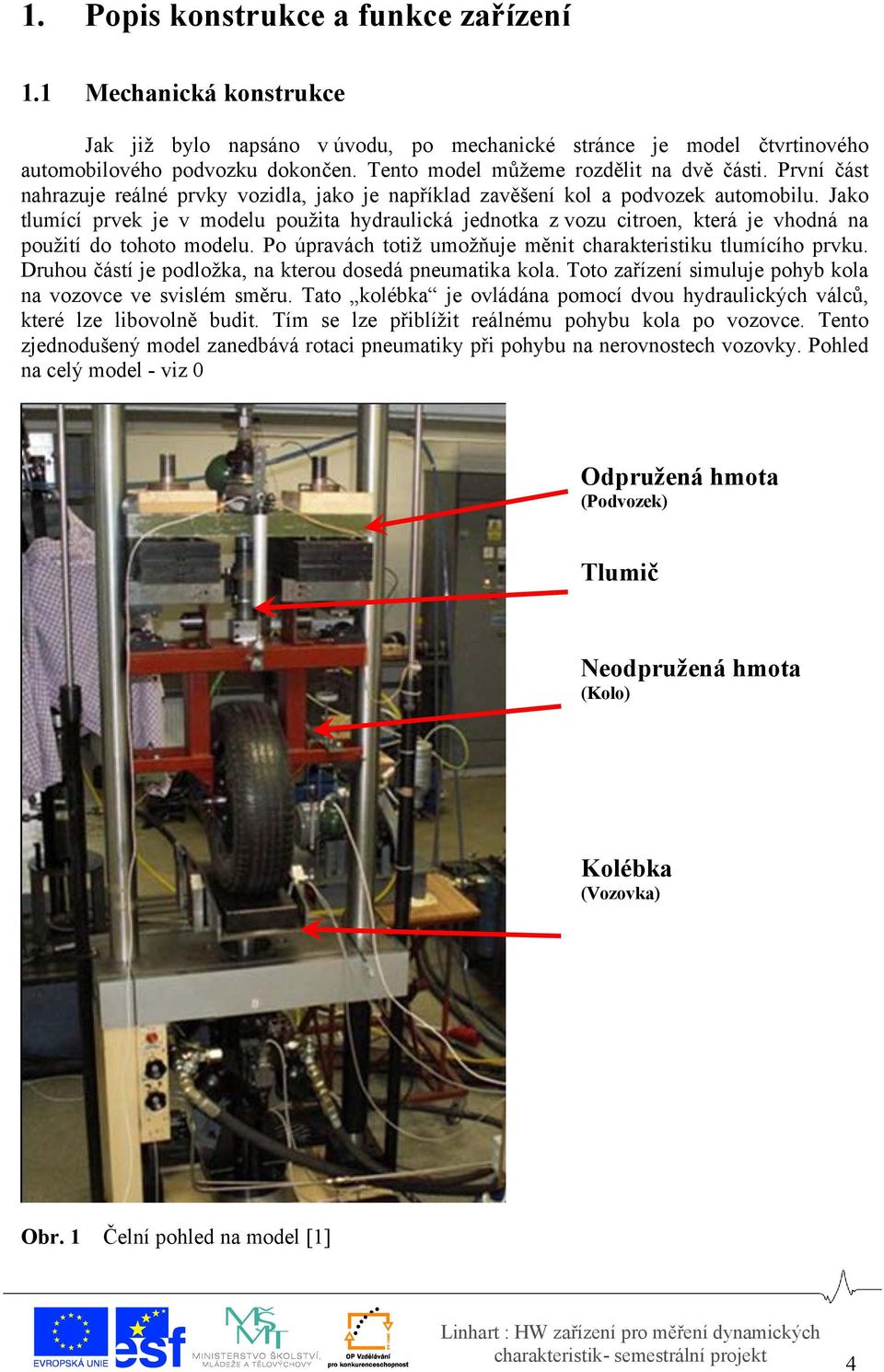 Jako tlumící prvek je v modelu použita hydraulická jednotka z vozu citroen, která je vhodná na použití do tohoto modelu. Po úpravách totiž umožňuje měnit charakteristiku tlumícího prvku.