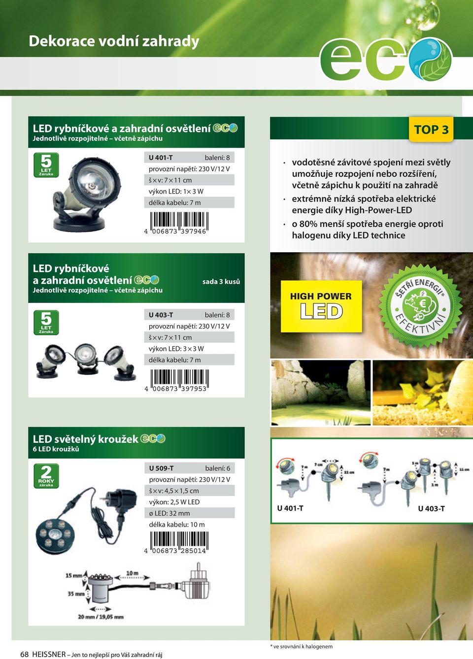 díky LED technice LED rybníčkové a zahradní osvětlení Jednotlivě rozpojitelné včetně zápichu 5LET Záruka sada 3 kusů U 403-T balení: 8 provozní napětí: 230 V/12 V š v: 7 11 cm výkon LeD: 3 3 W délka