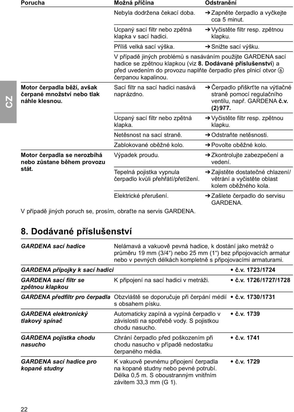 Dodávané příslušenství) a před uvedením do provozu naplňte čerpadlo přes plnicí otvor čerpanou kapalinou. Sací filtr na sací hadici nasává naprázdno. Ucpaný sací filtr nebo zpětná klapka.