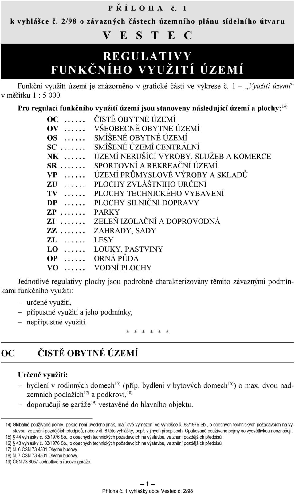 1 Využití území v měřítku 1 : 5 000. Pro regulaci funkčního využití území jsou stanoveny následující území a plochy: 14) OC... ČISTĚ OBYTNÉ ÚZEMÍ OV... VŠEOBECNĚ OBYTNÉ ÚZEMÍ OS.