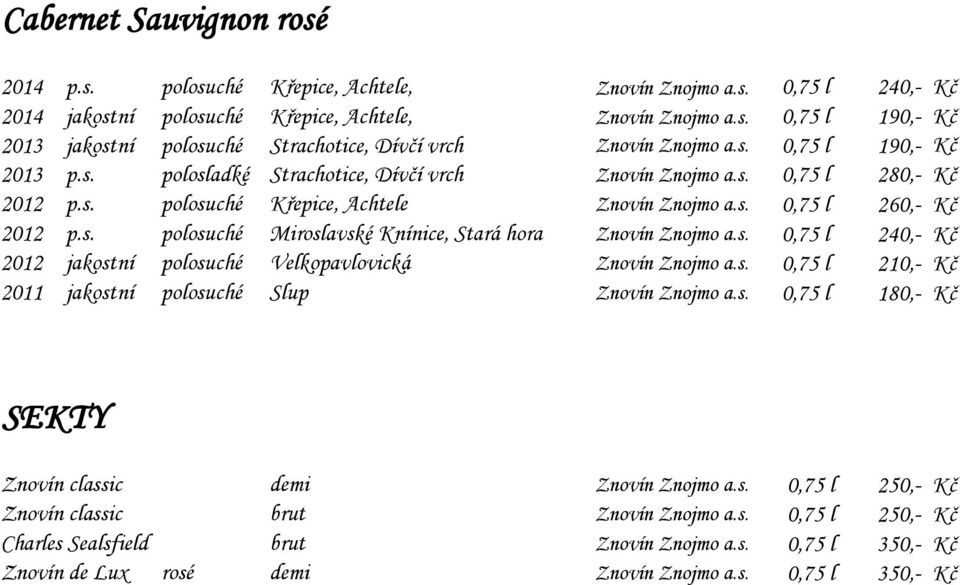 s. 0,75 l 240,- Kč 2012 jakostní polosuché Velkopavlovická Znovín Znojmo a.s. 0,75 l 210,- Kč 2011 jakostní polosuché Slup Znovín Znojmo a.s. 0,75 l 180,- Kč SEKTY Znovín classic demi Znovín Znojmo a.