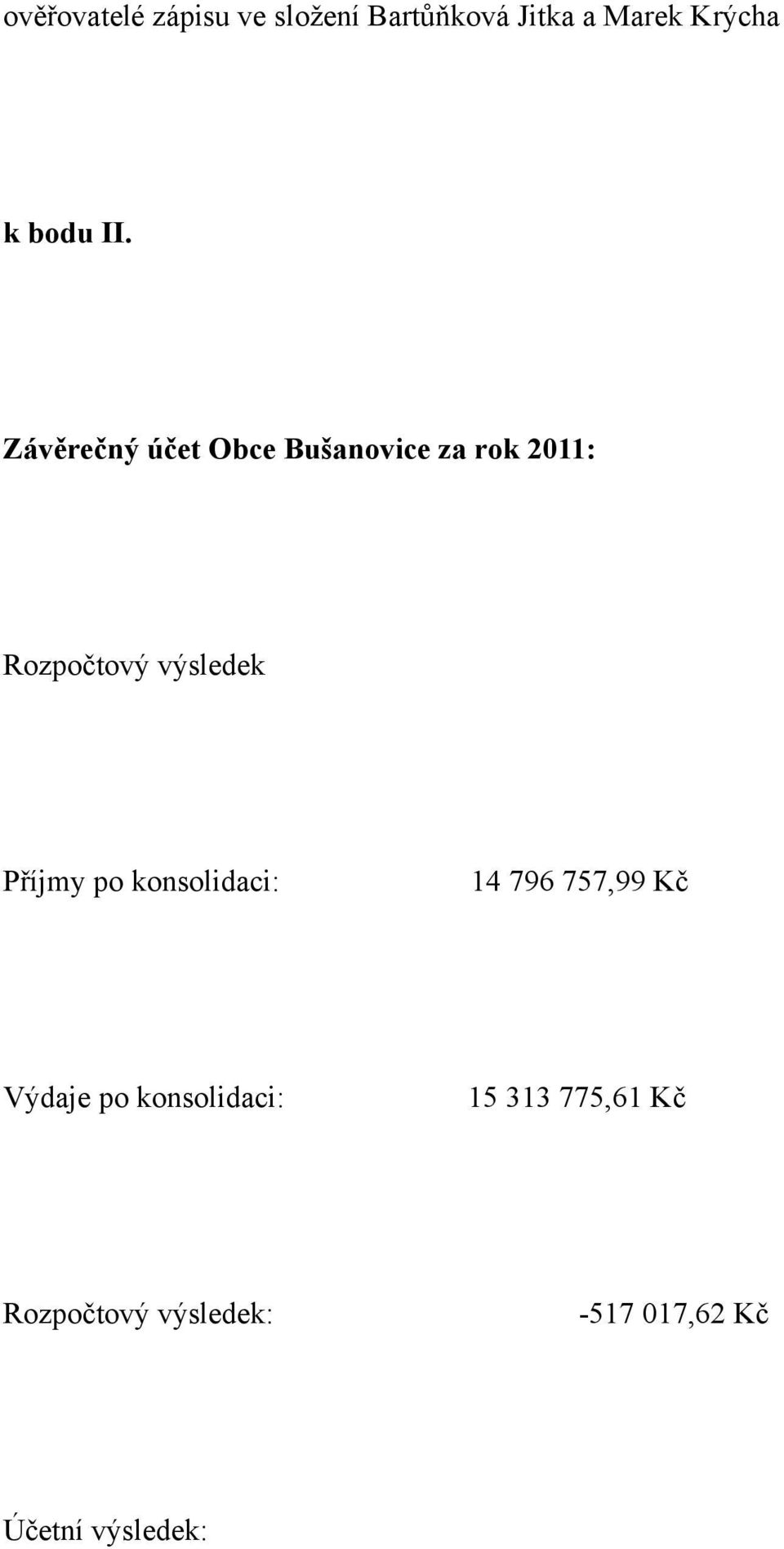 Závěrečný účet Obce Bušanovice za rok 2011: Rozpočtový výsledek