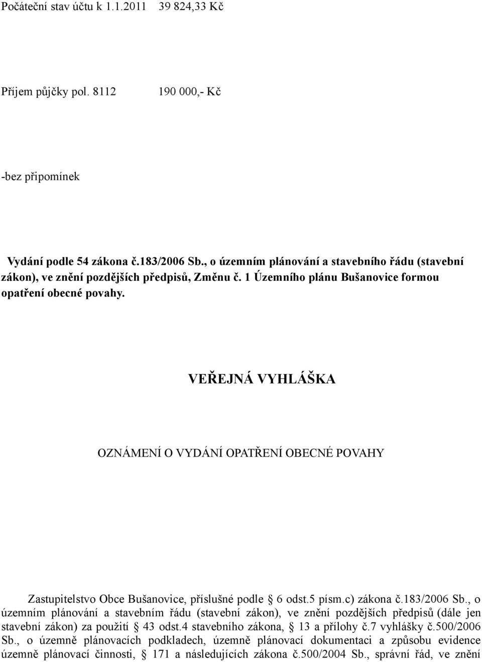 VEŘEJNÁ VYHLÁŠKA OZNÁMENÍ O VYDÁNÍ OPATŘENÍ OBECNÉ POVAHY Zastupitelstvo Obce Bušanovice, příslušné podle 6 odst.5 písm.c) zákona č.183/2006 Sb.