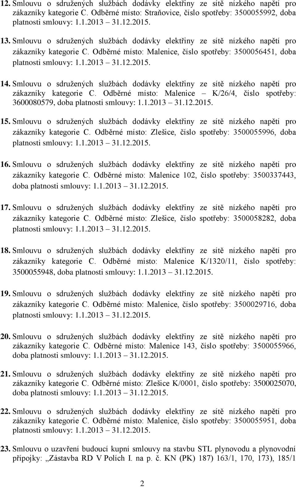 Smlouvu o sdružených službách dodávky elektřiny ze sítě nízkého napětí pro zákazníky kategorie C. Odběrné místo: Malenice K/26/4, číslo spotřeby: 3600080579, doba 15.