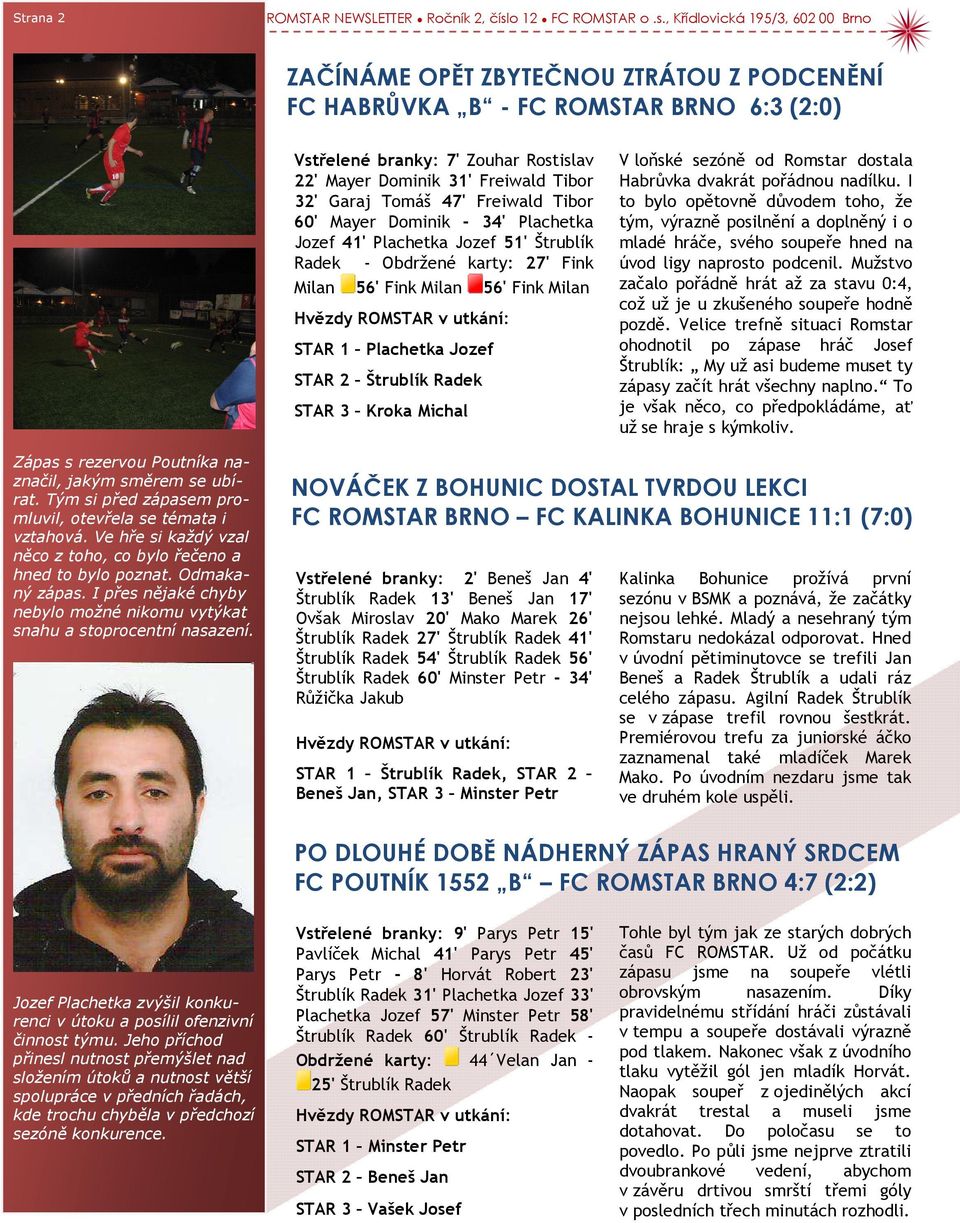 Mayer Dominik - 34' Plachetka Jozef 41' Plachetka Jozef 51' Štrublík Radek - Obdržené karty: 27' Fink Milan 56' Fink Milan 56' Fink Milan Hvězdy ROMSTAR v utkání: STAR 1 Plachetka Jozef STAR 2